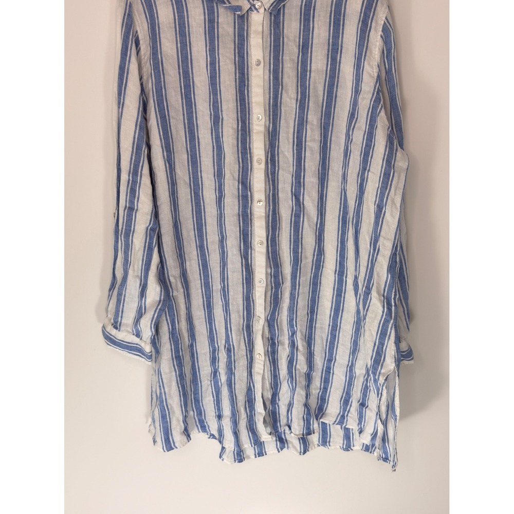 Tahari Linen Button Up Blouse Lagenlook Plus Blue White Striped Coastal 2X‎ - Picture 5 of 14